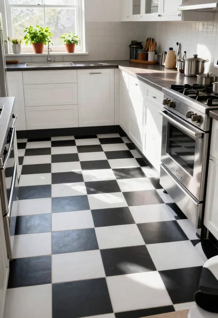 17 Peel and Stick Kitchen Floor Ideas With Budget Friendly Style - 1. Classic Black and White Checkerboard 1