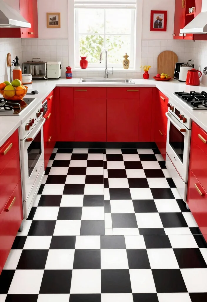 17 Peel and Stick Kitchen Floor Ideas With Budget Friendly Style - 11. Retro Checkerboard Revival 1