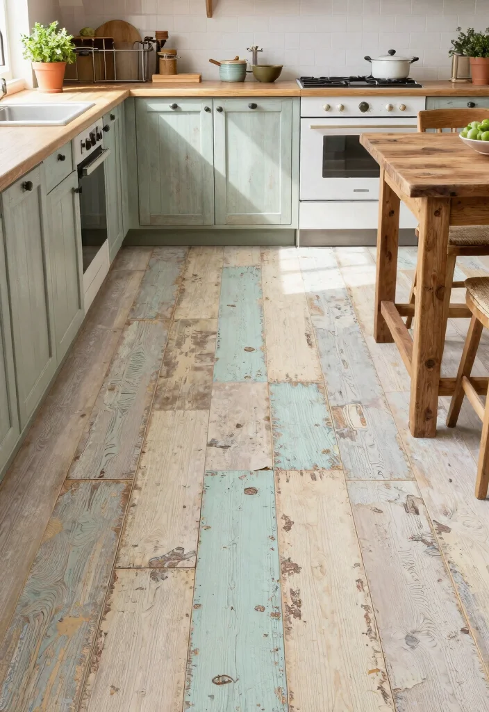 17 Peel and Stick Kitchen Floor Ideas With Budget Friendly Style - 12. Distressed Painted Wood Look 1