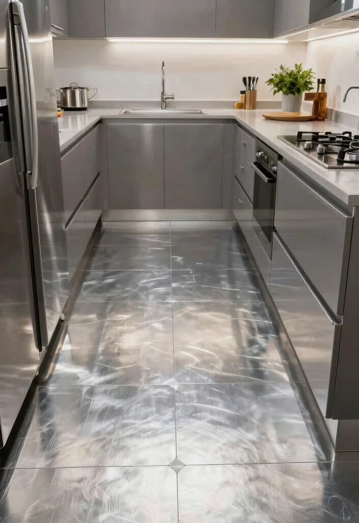 17 Peel and Stick Kitchen Floor Ideas With Budget Friendly Style - 13. Futuristic Metallics 1