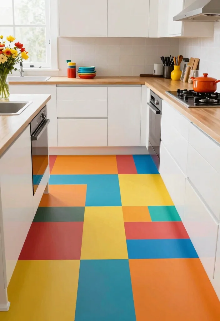 17 Peel and Stick Kitchen Floor Ideas With Budget Friendly Style - 15. High-Contrast Color Blocks 1