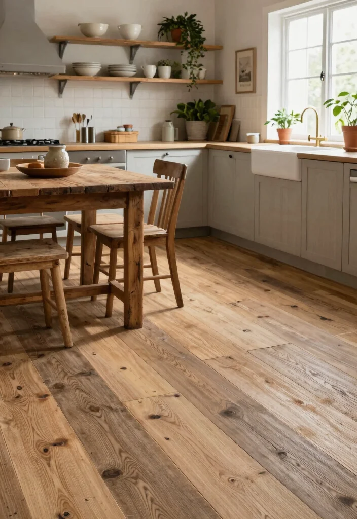 17 Peel and Stick Kitchen Floor Ideas With Budget Friendly Style - 2. Rustic Wood Planks 1