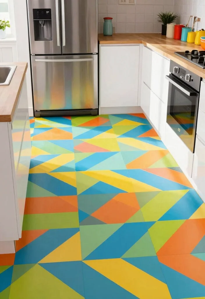 17 Peel and Stick Kitchen Floor Ideas With Budget Friendly Style - 3. Bright Geometric Patterns 1