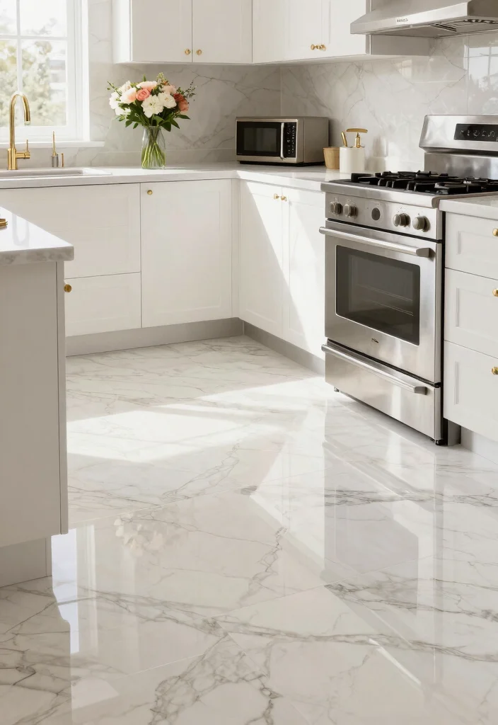 17 Peel and Stick Kitchen Floor Ideas With Budget Friendly Style - 4. Elegant Marble Effect 1