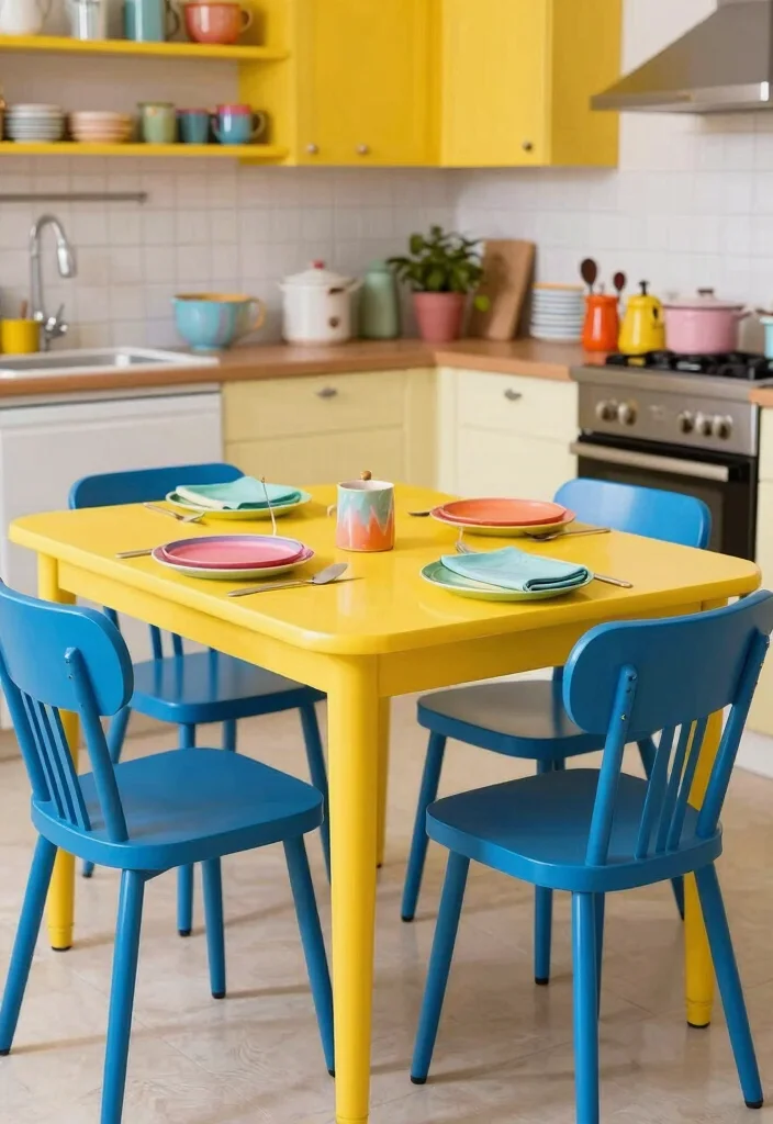 17 Retro Kitchen Tables Ideas With Vintage Flair - 13. Brightly Painted Retro Tables 1