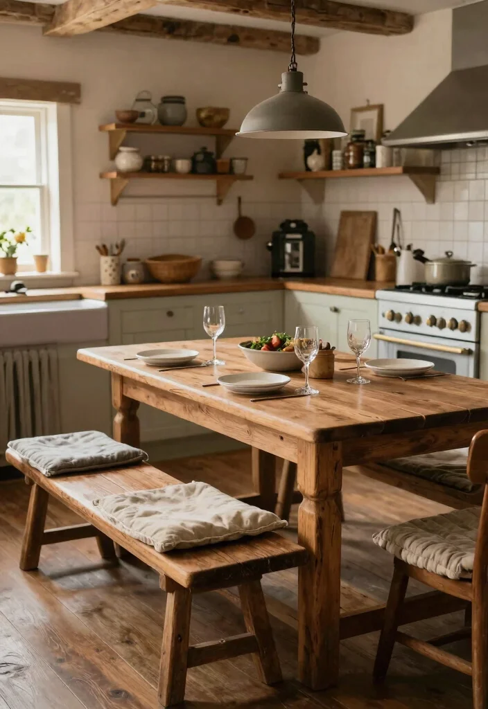 17 Retro Kitchen Tables Ideas With Vintage Flair - 14. Vintage Farmhouse Benches 1