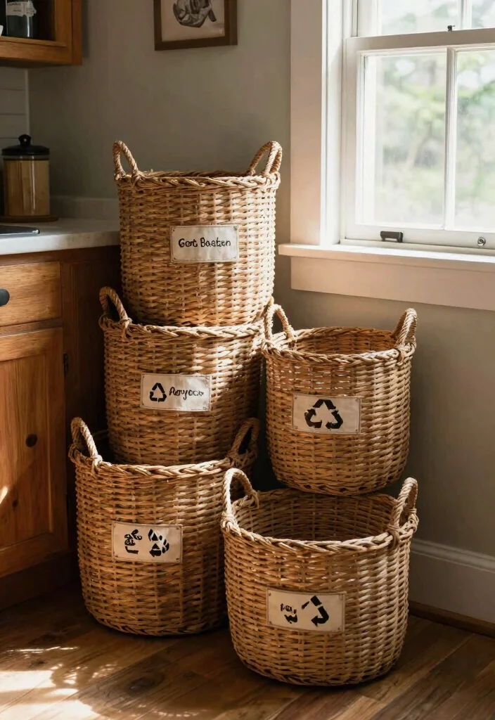 17 Trash Can Storage Kitchen Ideas That Hide Clutter - 9. Creative Use of Baskets 1