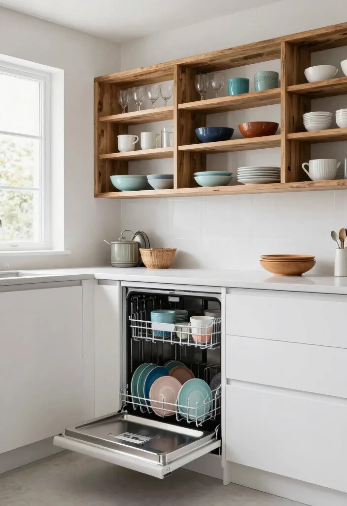 18 Dishwasher Kitchen Ideas With Seamless Integration - 3. Open Shelving with Integrated Dishwashers 1