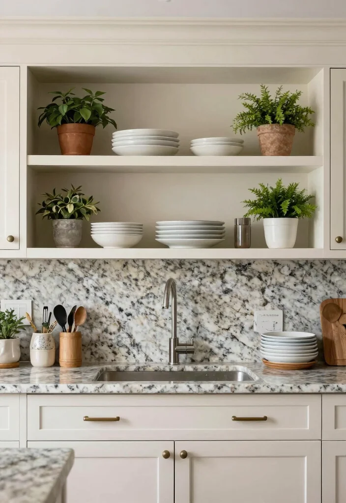 18 Granite Backsplash Kitchen Ideas With Classic Appeal - 16. Open Shelving with Granite Backdrop 1
