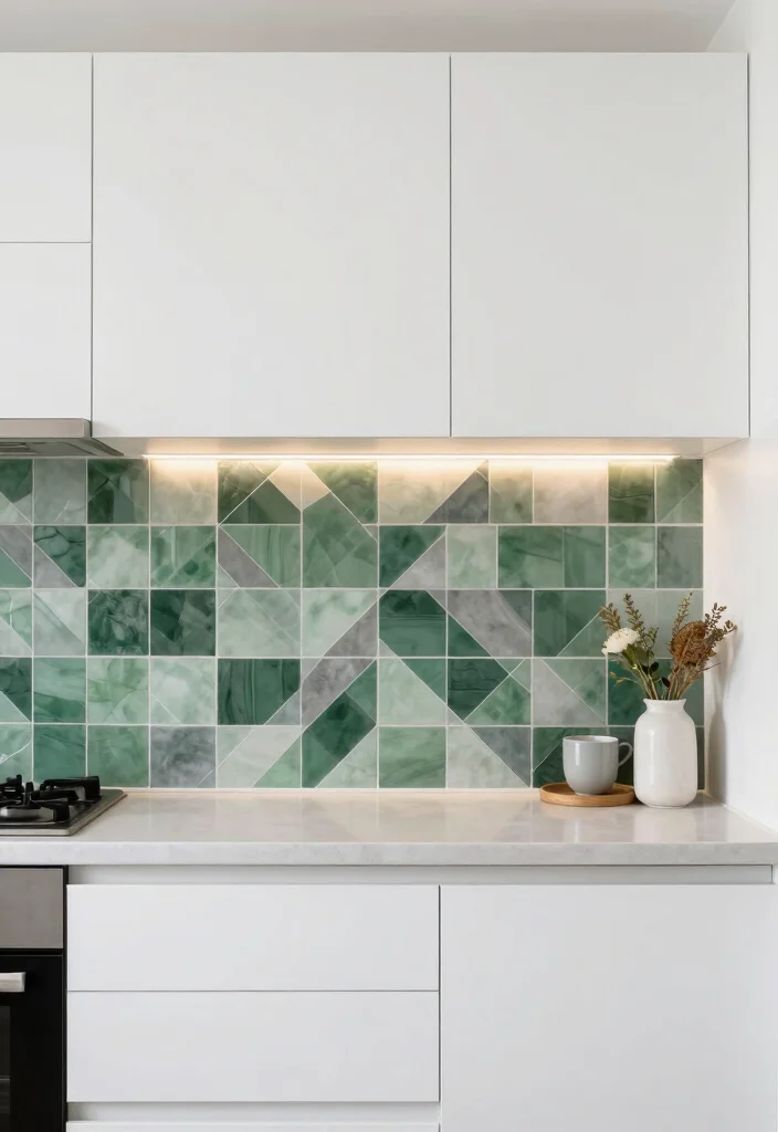 18 Green Kitchen Backsplash Tile Ideas With Fresh Vibes - 10. Green and Gray Geometric Tiles 1