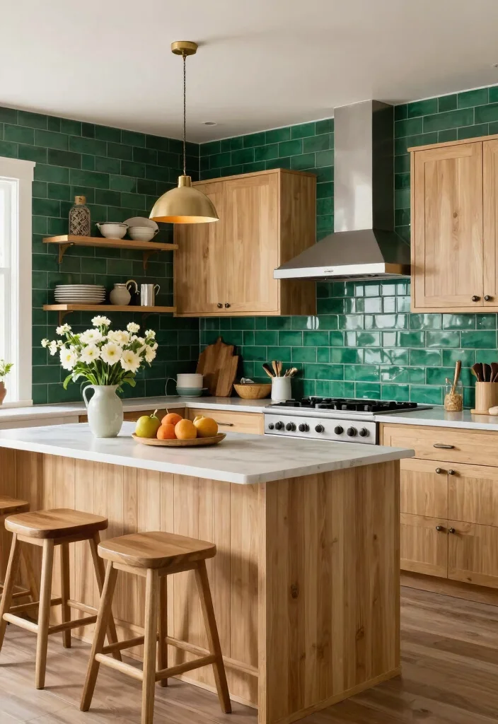 18 Green Kitchen Backsplash Tile Ideas With Fresh Vibes - 11. Deep Sea Green Subway Tiles 1