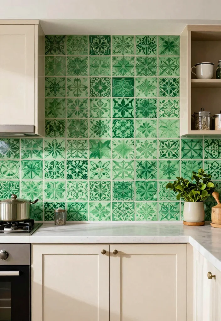 18 Green Kitchen Backsplash Tile Ideas With Fresh Vibes - 12. Vibrant Green Patterned Cement Tiles 1