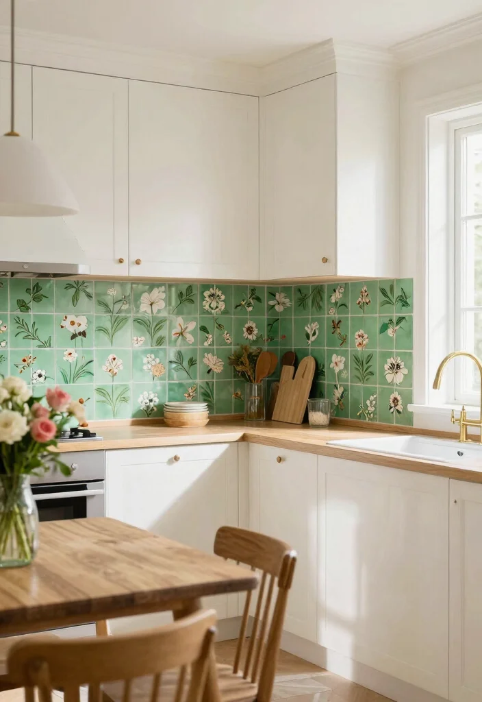 18 Green Kitchen Backsplash Tile Ideas With Fresh Vibes - 13. Green Floral Tiles for a Touch of Nature 1