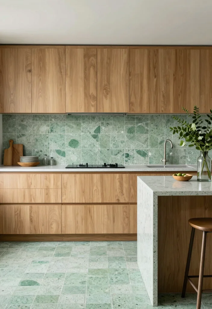 18 Green Kitchen Backsplash Tile Ideas With Fresh Vibes - 14. Soft Green Terrazzo Tiles 1