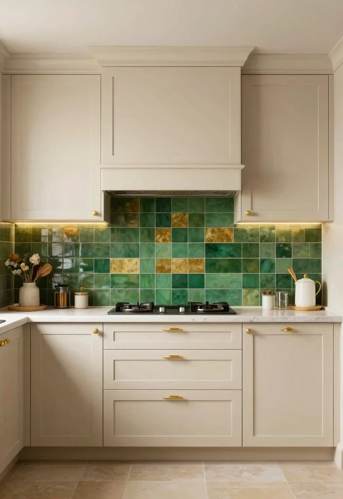 18 Green Kitchen Backsplash Tile Ideas With Fresh Vibes - 17. Green and Gold Accent Tiles 1
