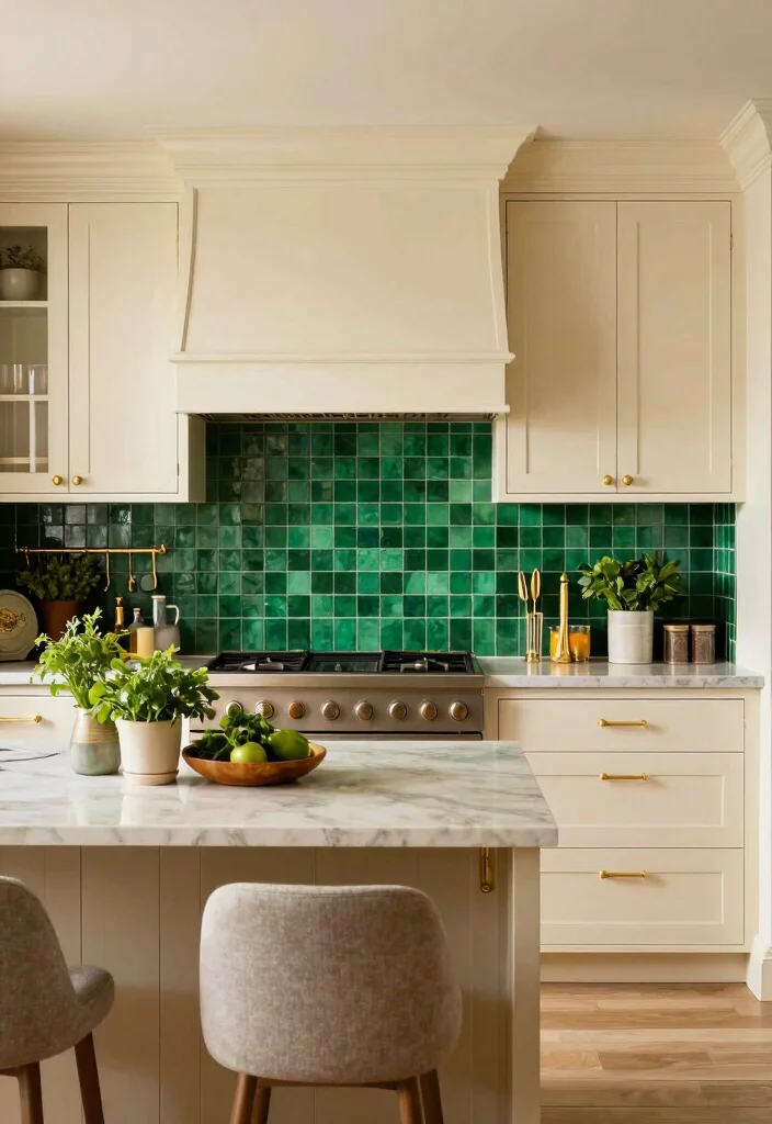 18 Green Kitchen Backsplash Tile Ideas With Fresh Vibes - 2. Bold Emerald Green Mosaic Tiles 1