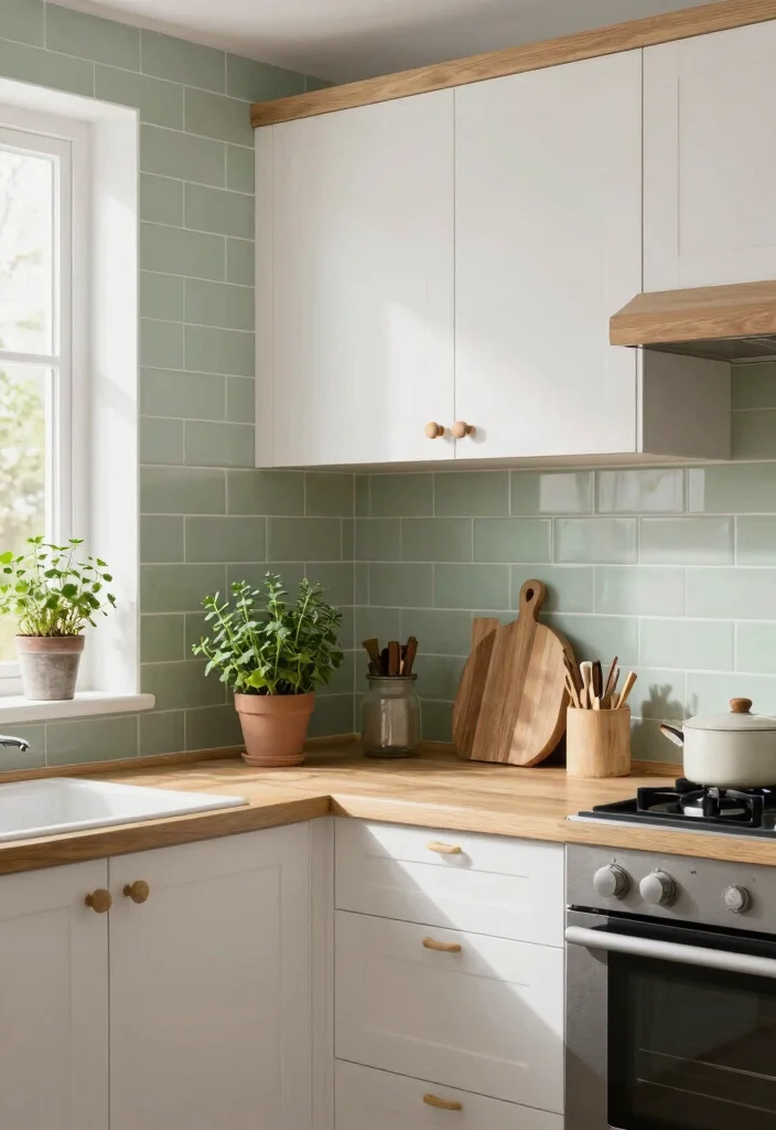 18 Green Kitchen Backsplash Tile Ideas With Fresh Vibes - 5. Pale Sage Green Subway Tiles 1
