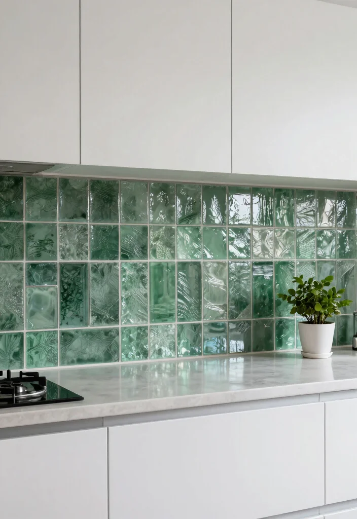 18 Green Kitchen Backsplash Tile Ideas With Fresh Vibes - 6. Textured Green Glass Tiles 1