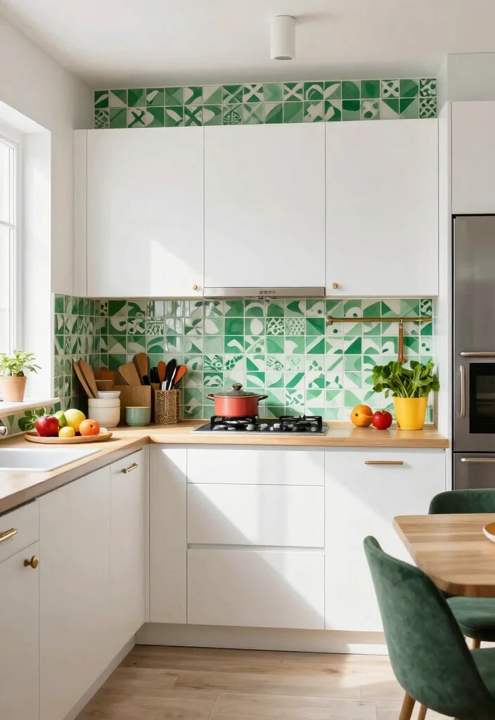 18 Green Kitchen Backsplash Tile Ideas With Fresh Vibes - 8. Playful Green and White Patterned Tiles 1
