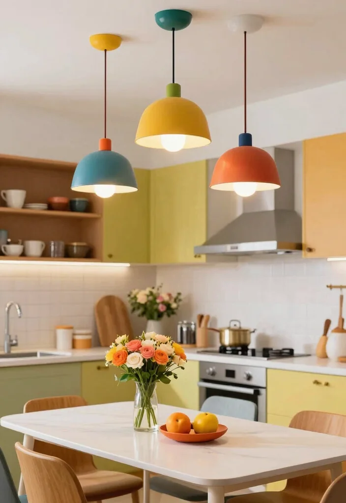 18 Kitchen Ceiling Lights Ideas That Brighten Every Corner - 17. Colorful Statement Fixtures 1