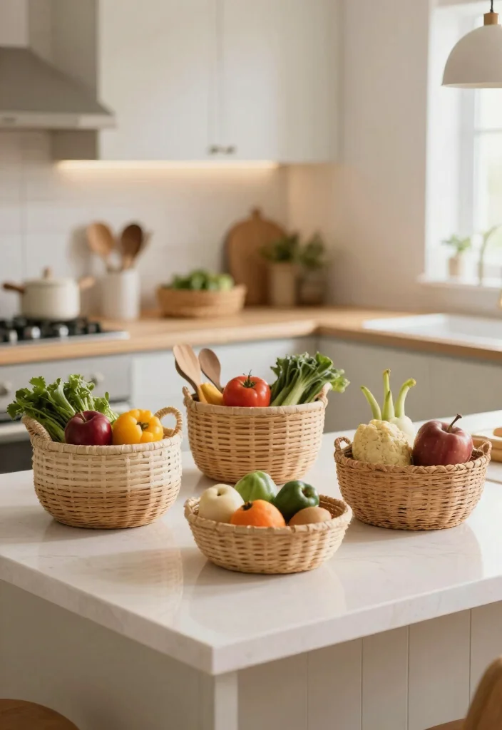 18 Kitchen Counter Storage Ideas That Keep It Tidy - 10. Decorative Baskets 1
