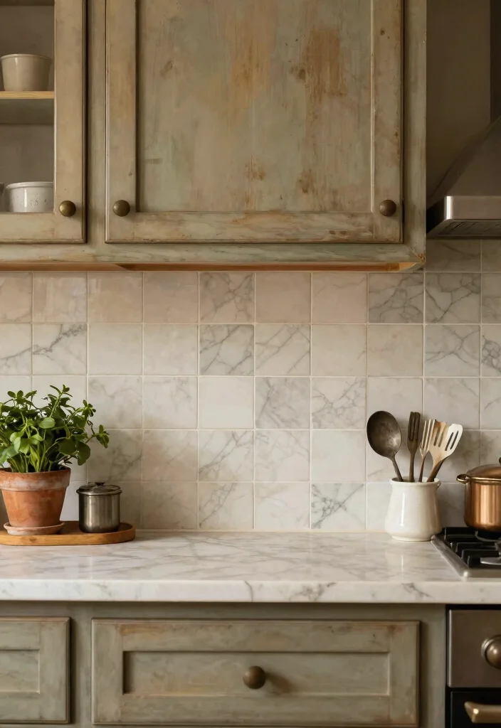 18 Marble Tile Backsplash Kitchen Ideas With Luxe Detail - 12. Antique-Finish Marble 1