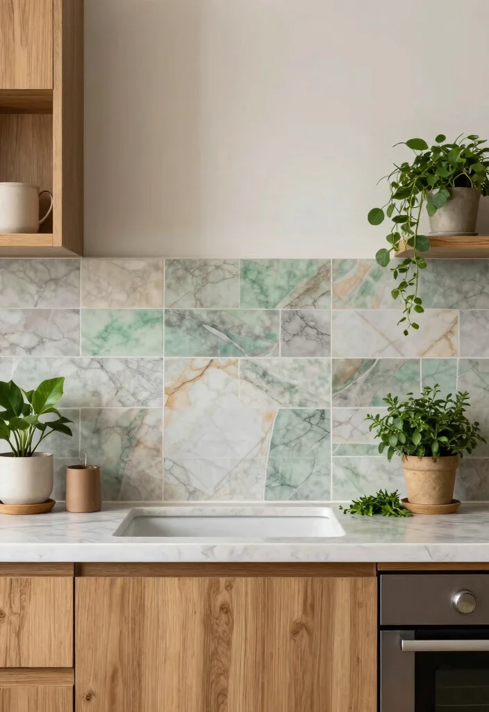 18 Marble Tile Backsplash Kitchen Ideas With Luxe Detail - 14. Nature-Inspired Colors 1