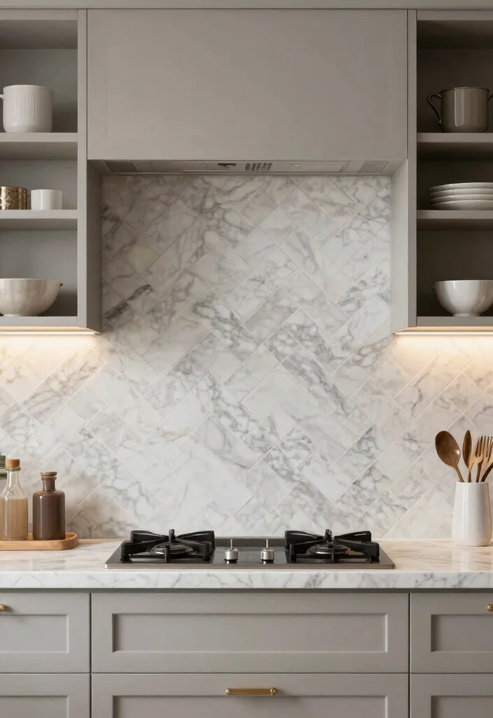 18 Marble Tile Backsplash Kitchen Ideas With Luxe Detail - 2. Herringbone Elegance 1