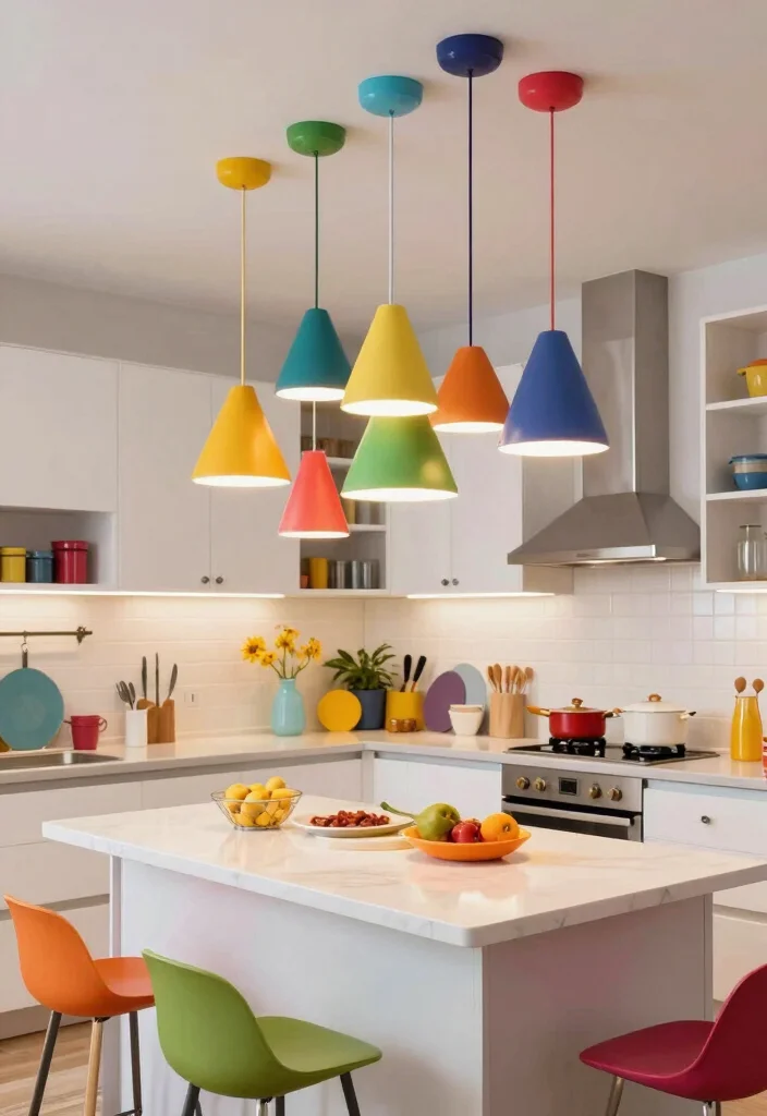 18 Modern Pendant Lighting Kitchen Island Ideas That Make a Statement - 12. Colorful Statement Pieces 1