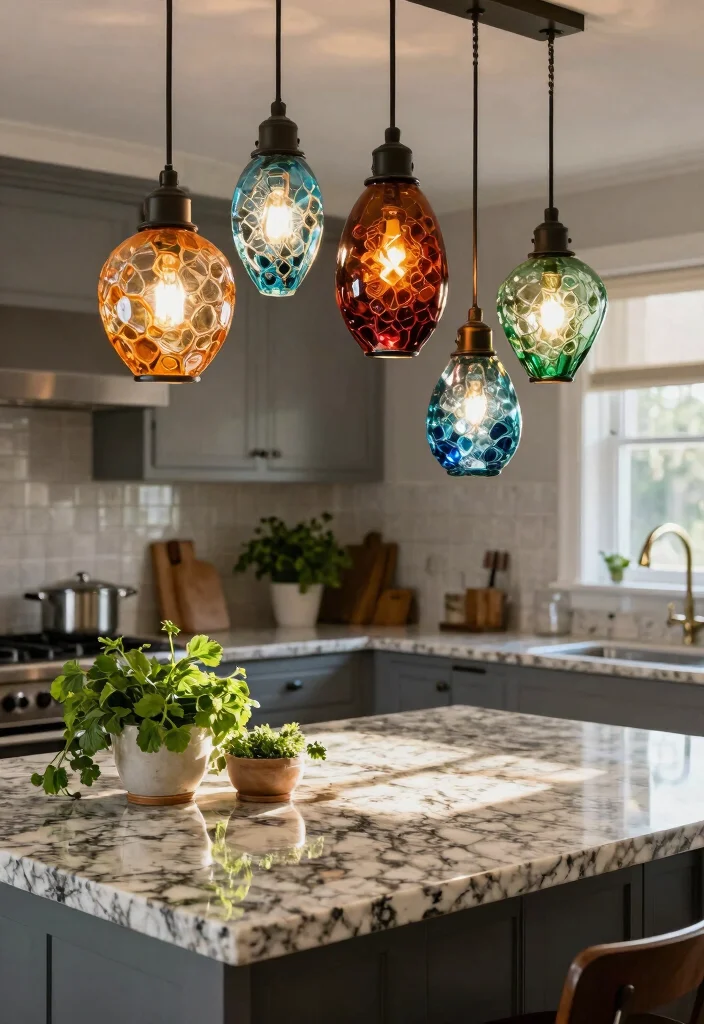 18 Modern Pendant Lighting Kitchen Island Ideas That Make a Statement - 2. Recycled Glass Masterpieces 1