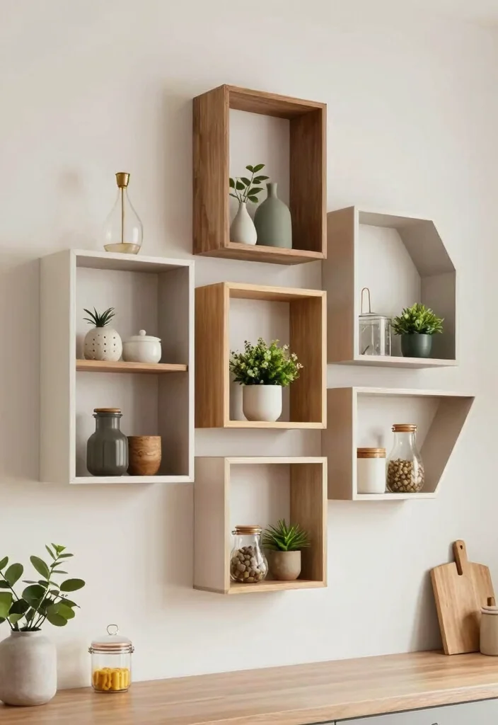 18 Small Kitchen Shelves Ideas That Save Space Beautifully - 13. Geometric Floating Shelves 1