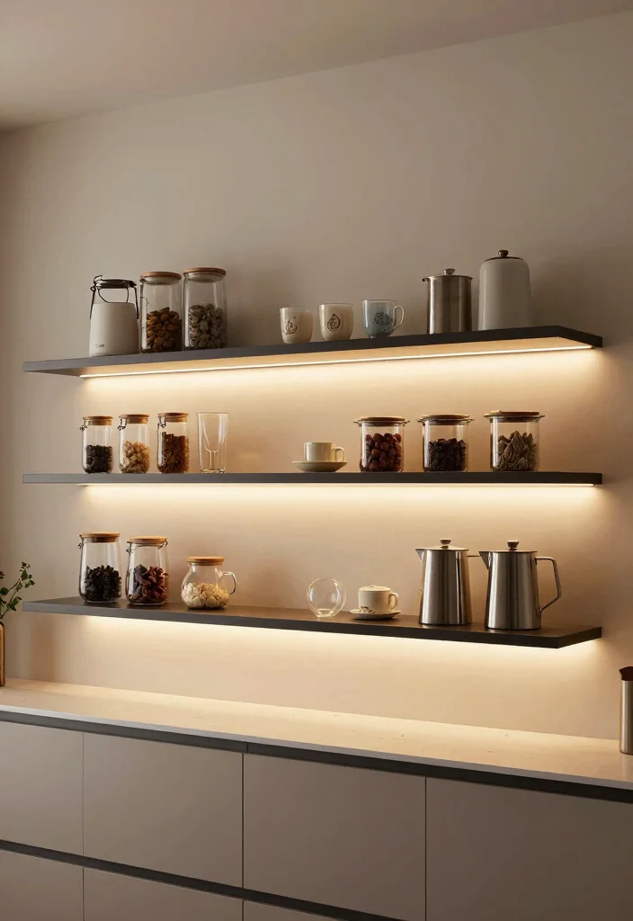 18 Small Kitchen Shelves Ideas That Save Space Beautifully - 15. Floating Shelf with Integrated Lighting 1