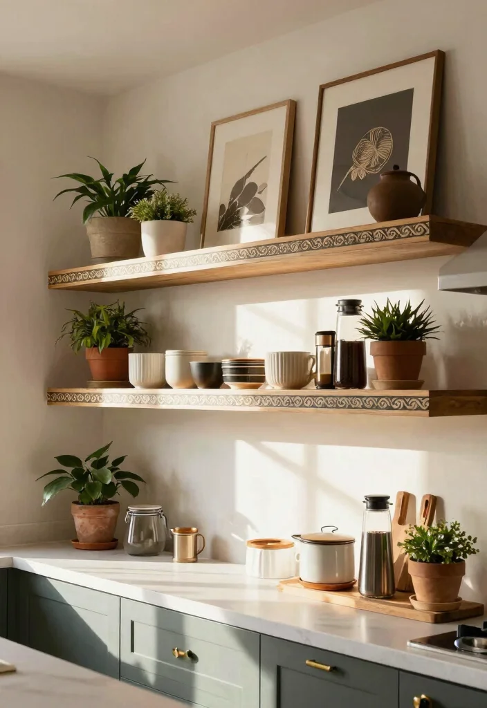 18 Small Kitchen Shelves Ideas That Save Space Beautifully - 16. Floating Shelves with Decorative Trims 1