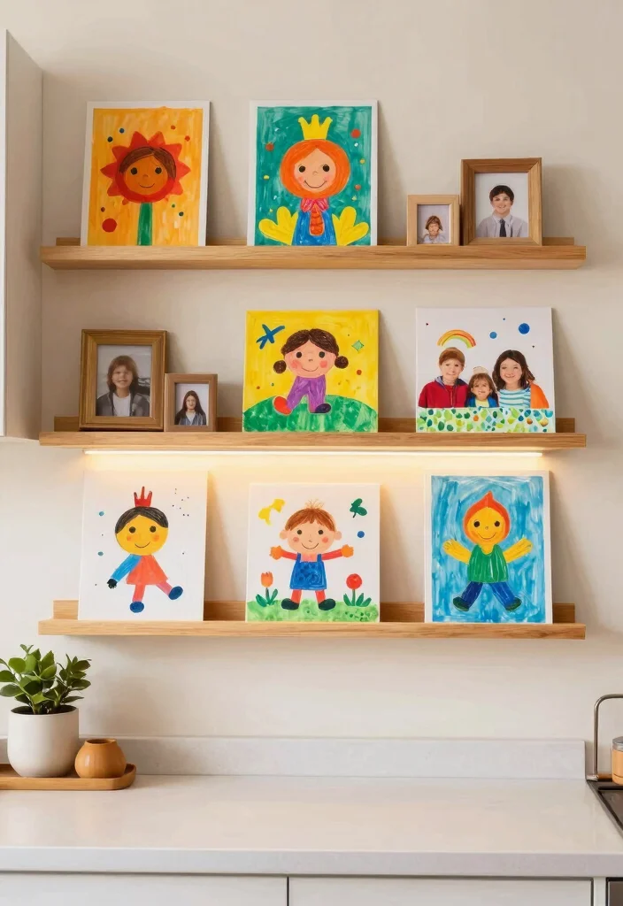 18 Small Kitchen Shelves Ideas That Save Space Beautifully - 17. Floating Shelves for Kids' Art Display 1