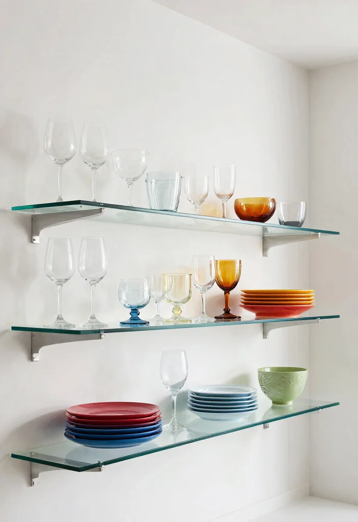 18 Small Kitchen Shelves Ideas That Save Space Beautifully - 2. Sleek Glass Shelves 1