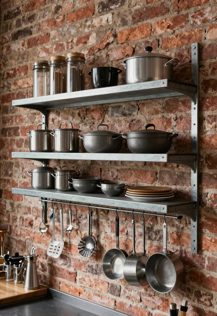 18 Small Kitchen Shelves Ideas That Save Space Beautifully - 3. Industrial Metal Shelves 1