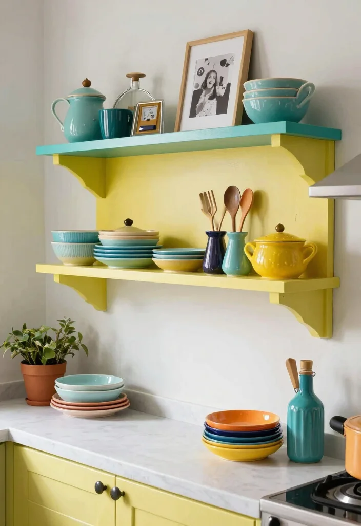 18 Small Kitchen Shelves Ideas That Save Space Beautifully - 4. Colorful Painted Shelves 1