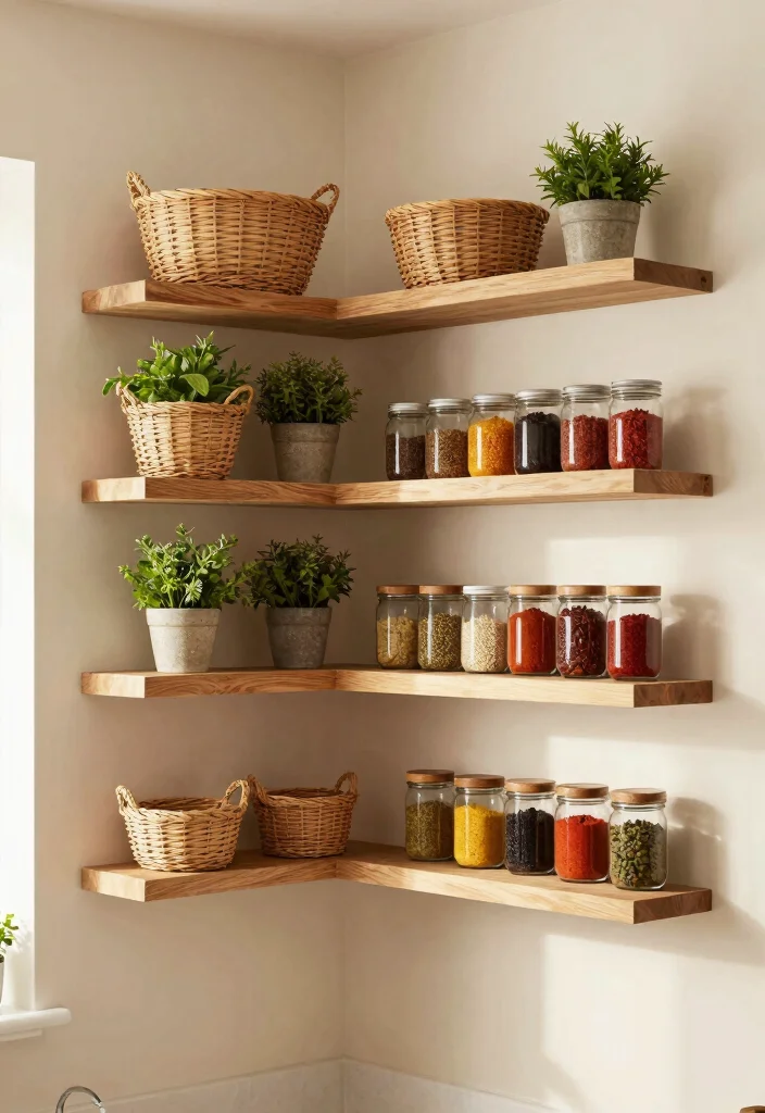18 Small Kitchen Shelves Ideas That Save Space Beautifully - 6. Corner Floating Shelves 1