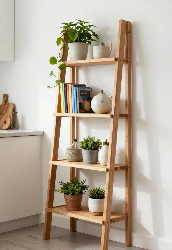 18 Small Kitchen Shelves Ideas That Save Space Beautifully - 7. Creative Ladder Shelves 1