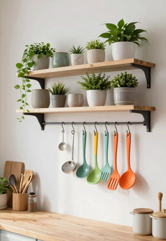 18 Small Kitchen Shelves Ideas That Save Space Beautifully - 8. Floating Shelf with Hooks 1