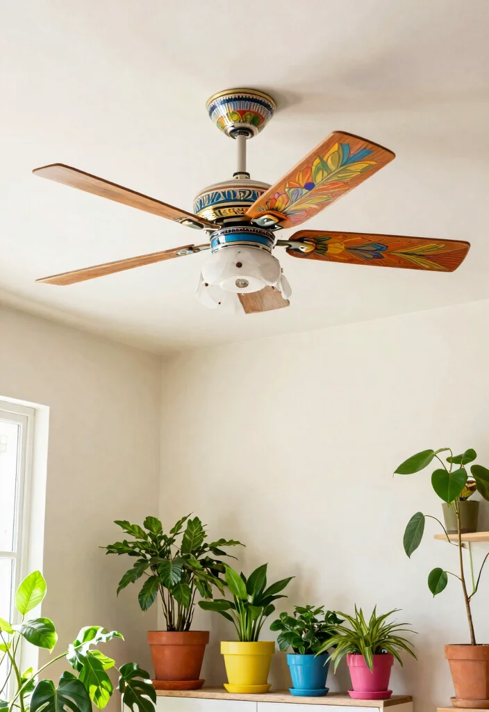 12 Ceiling Fans With Light Ideas for Rooms With Low Ceilings - 7. Artsy and Colorful Ceiling Fan 1