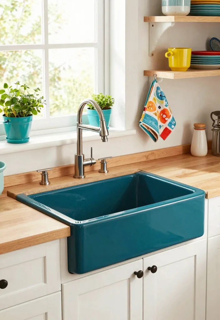 12 Farmhouse Sink With Drainboard Ideas for Small Kitchens - 2. A Pop of Color 1