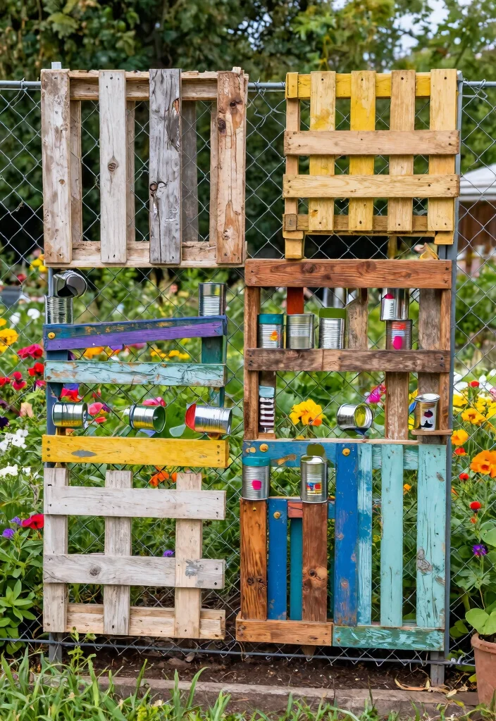 12 Garden Fence Art Ideas That Hide Ugly Chain Link - 10. Upcycled Materials Garden Fence 1