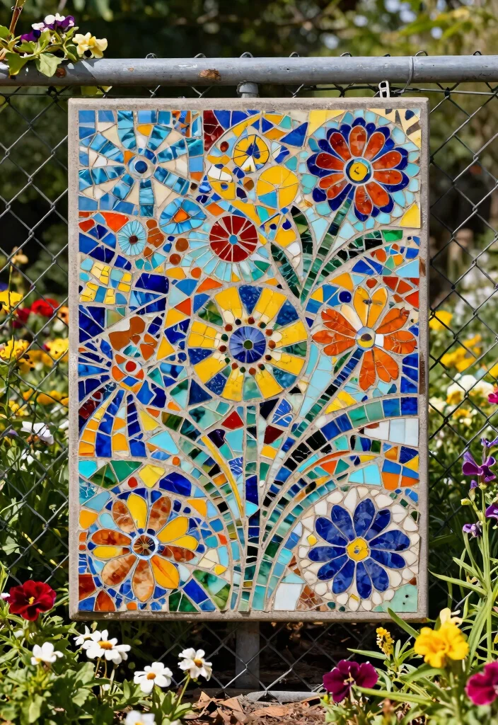 12 Garden Fence Art Ideas That Hide Ugly Chain Link - 2. Colorful Mosaic Art 1