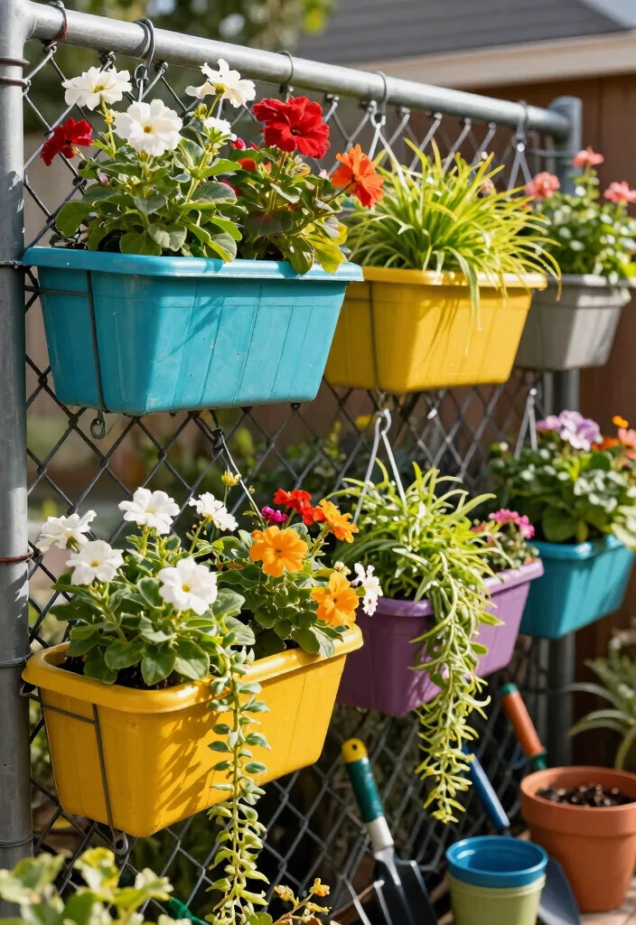 12 Garden Fence Art Ideas That Hide Ugly Chain Link - 3. Hanging Planter Boxes 1