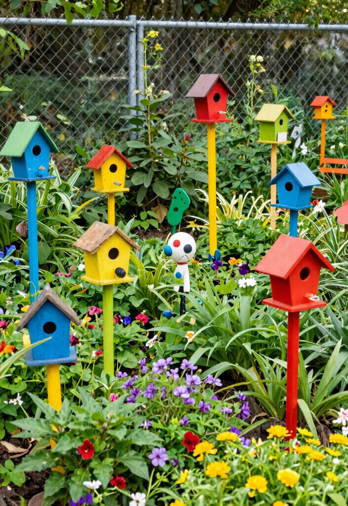 12 Garden Fence Art Ideas That Hide Ugly Chain Link - 6. Whimsical Garden Art 1