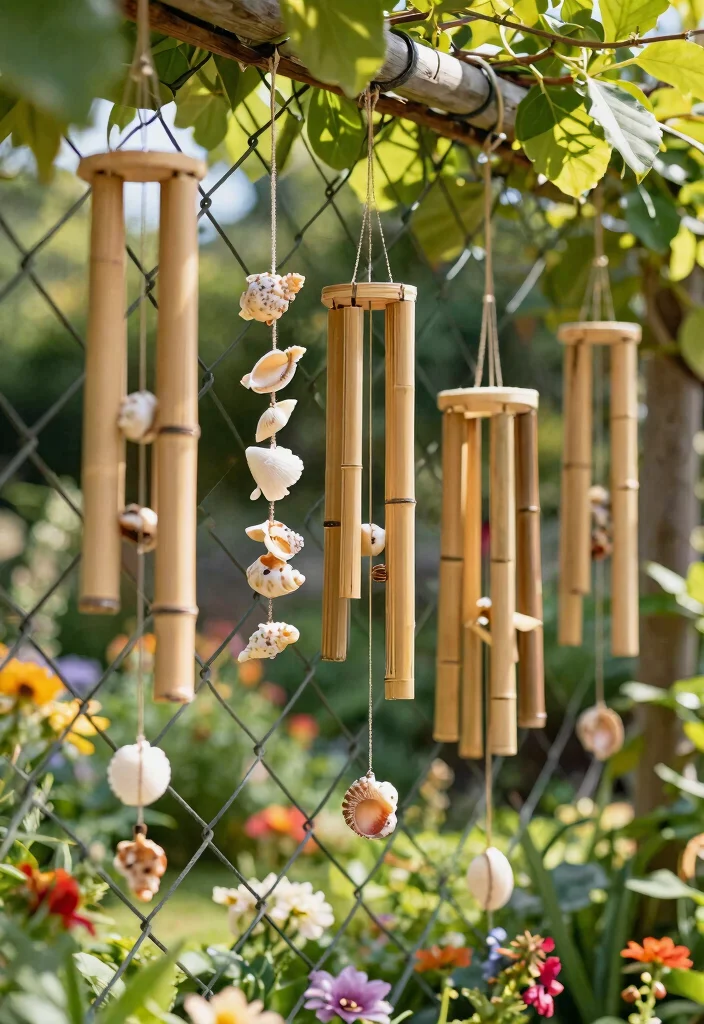 12 Garden Fence Art Ideas That Hide Ugly Chain Link - 9. Nature-Inspired Wind Chimes 1