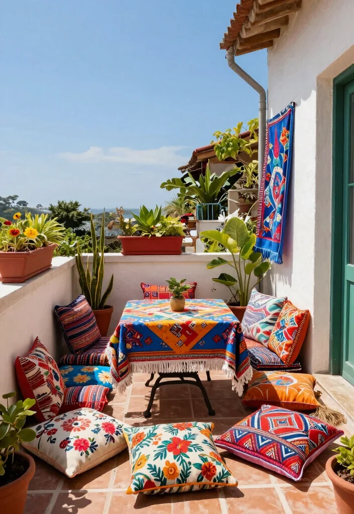12 IKEA Balcony Ideas on a Budget That Maximize Tiny Spaces - 7. Use of Colorful Textiles 1