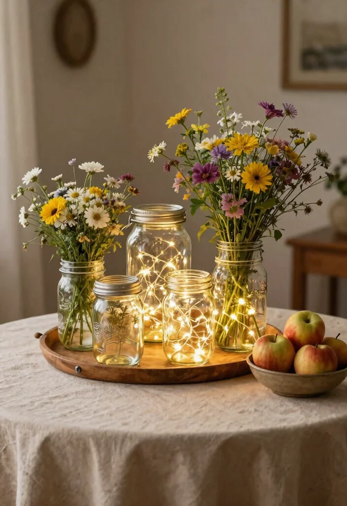 12 Round Farmhouse Table Ideas for Small Dining Rooms - 2. Vintage Mason Jar Accents 1