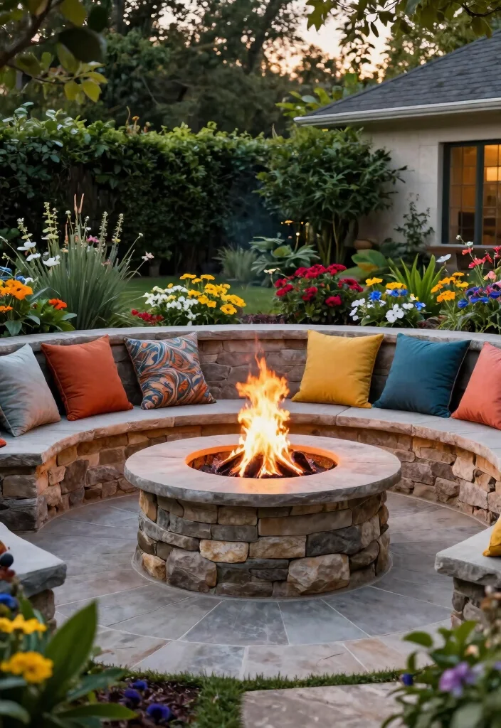 12 Stone Fire Pit Ideas That Don't Need a Full Hardscape Install - 6. Stone Fire Pit with Seating Wall 1